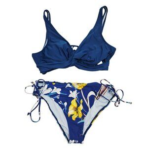 Blue Floral Bikini Set Wrap Bikini Top & Tie Side Bottoms Womens Swimsuit XL